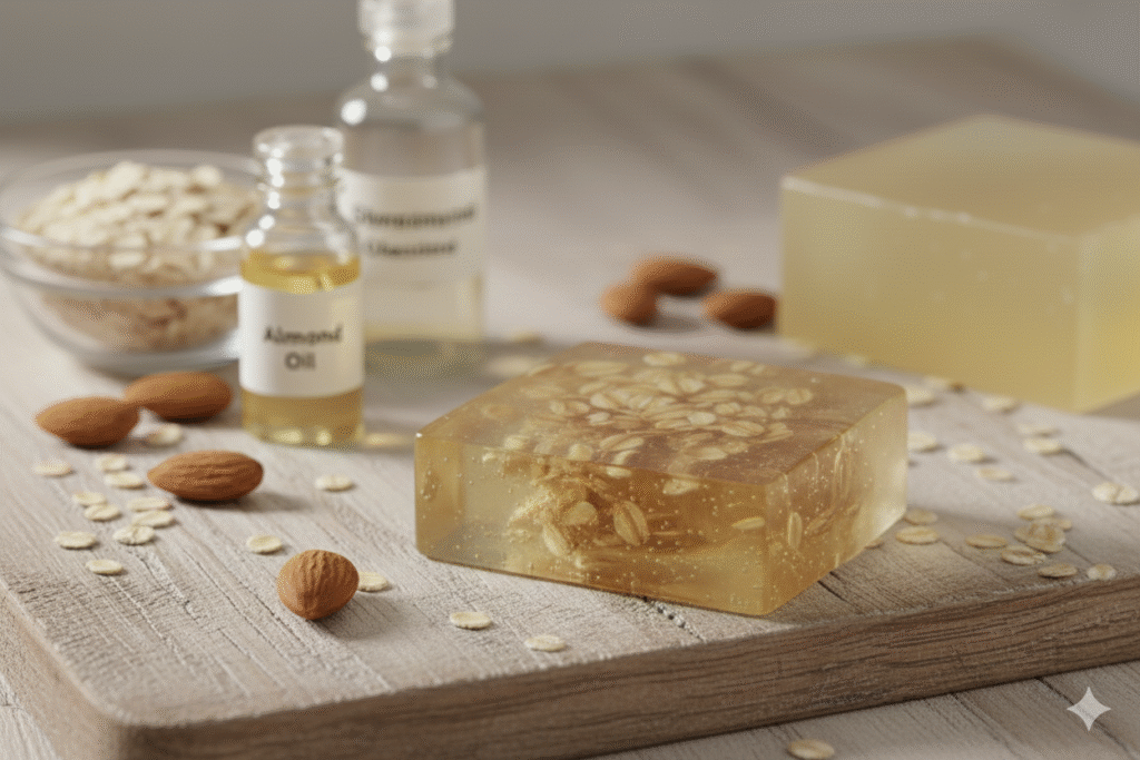 natural organic soap placed with fresh botanicals