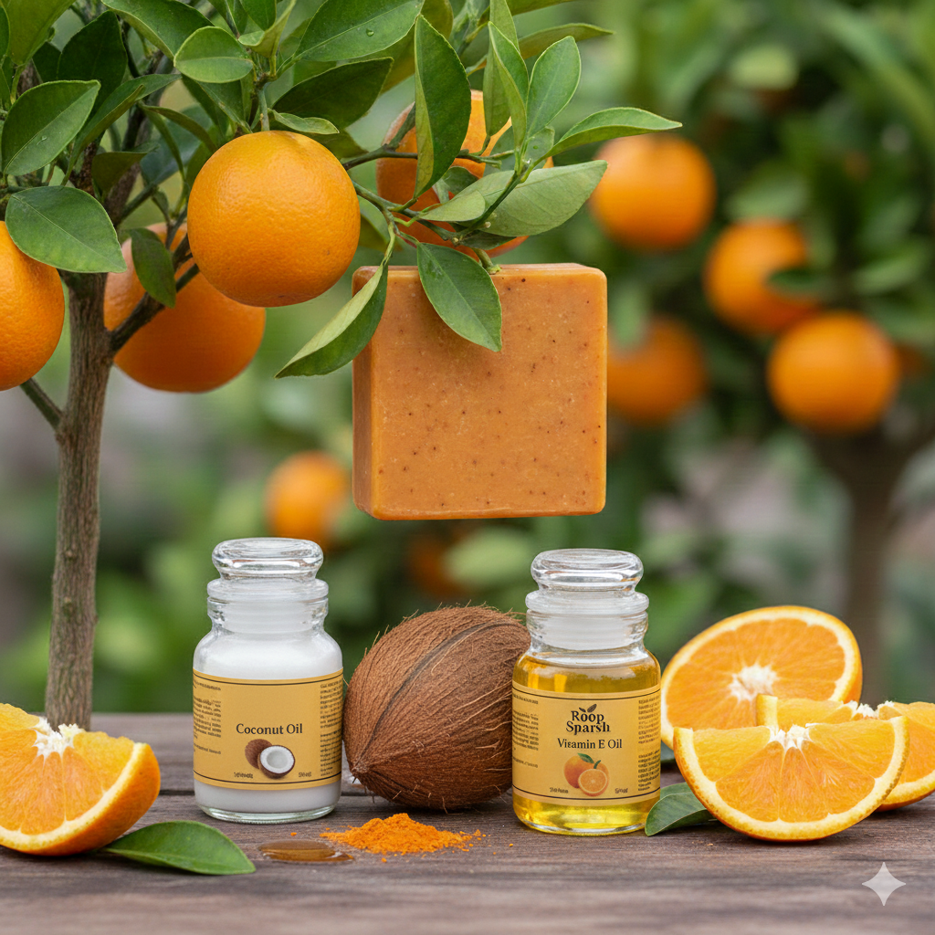 Orange soap in Patiala handmade using natural orange peel extractorange soap bar on a tree branch"